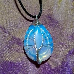 Opalite tree of life pendant necklace handmade jewelry silver tree life opal gem